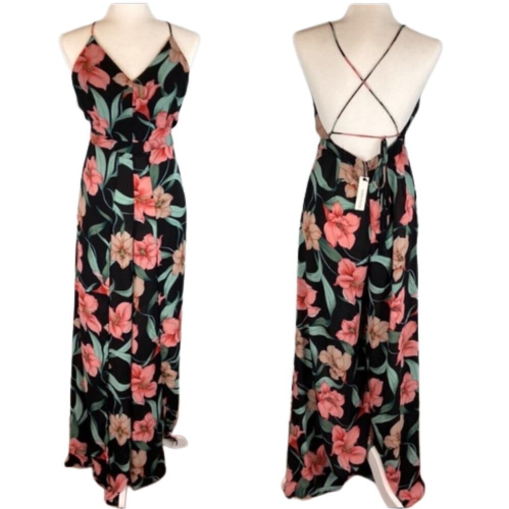 NWT Olivaceous Black Floral Print Wide-Leg Split Thigh Jumpsuit Size Large